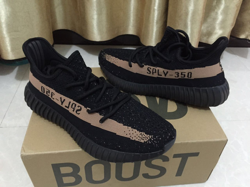 Black and Beige Yeezy 350 V2 Knit Sneakers - product image from the listing.