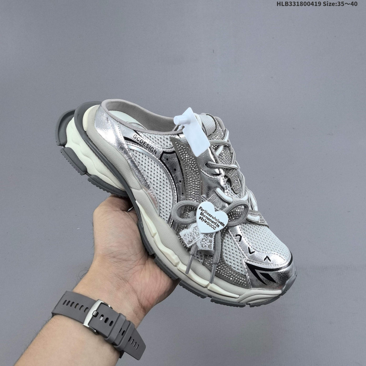 GCDS Silver Lace-Detail Backless Trainers - product image from the listing.