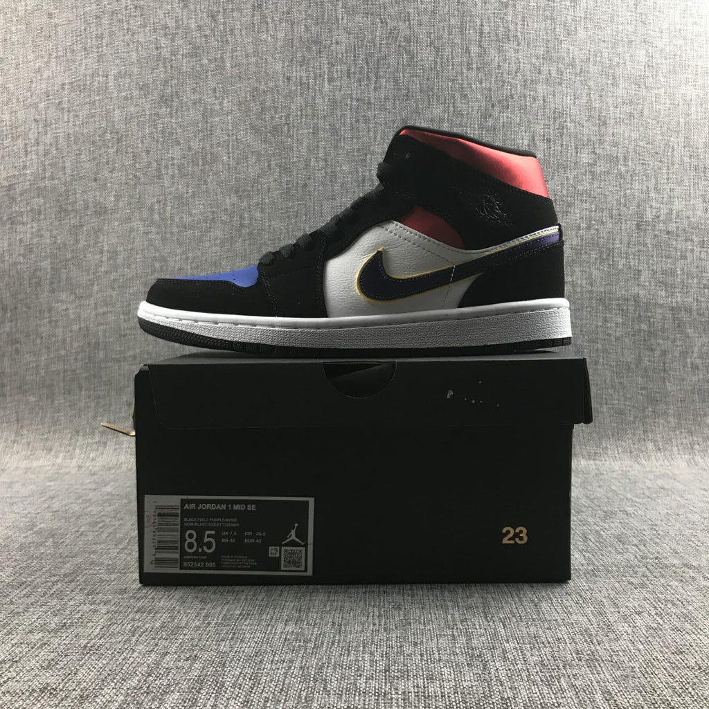 Air Jordan 1 Mid SE Sneakers in Black Purple Yellow 852542-005 - product image from the listing.