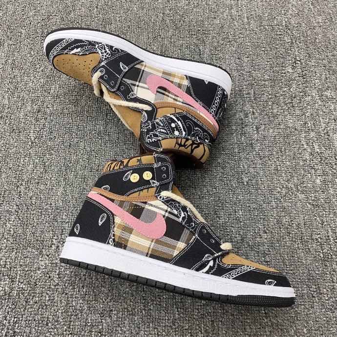 Jordan 1 Mid Paisley Sneakers in Black Tan Pink White - product image from the listing.