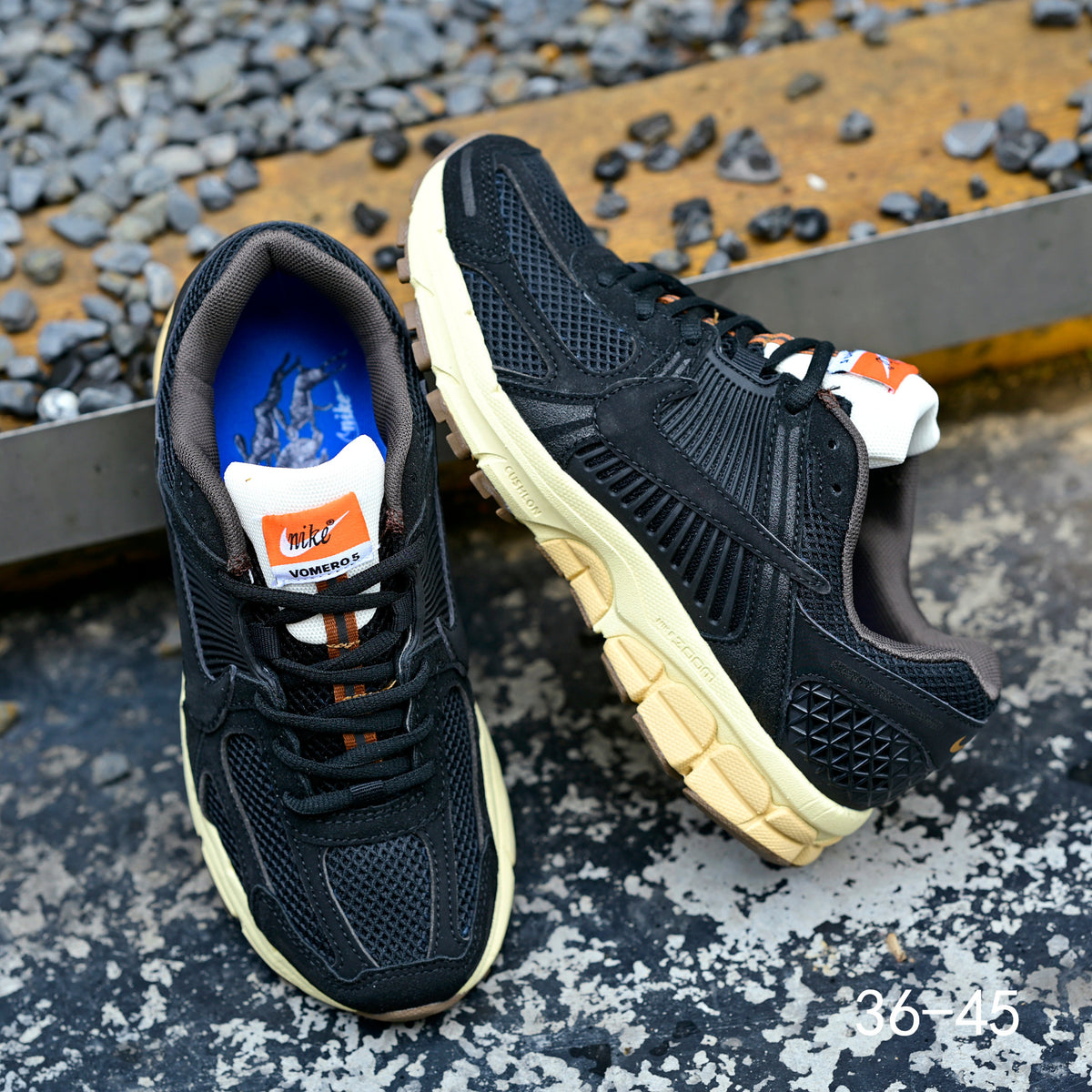 Black and Cream Nike Air Zoom Vomero 5 Sneakers - product image from the listing.