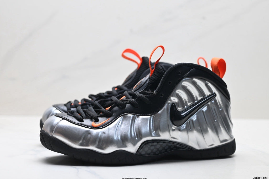 Nike Air Foamposite Max Sneakers in Black Silver Orange - product image from the listing.