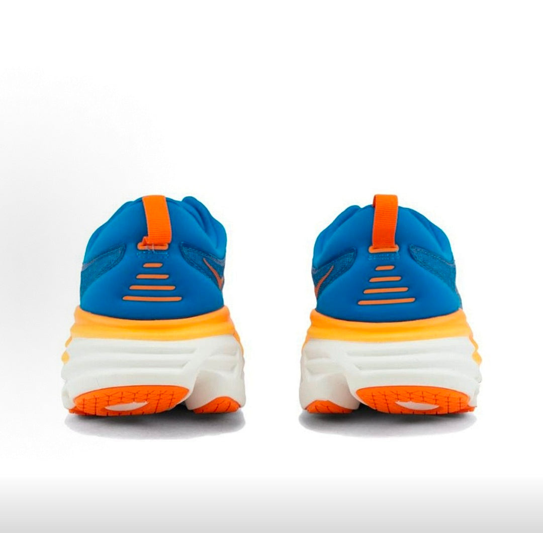 HOKA Bondi 8 Running Shoes in Blue and Orange - product image from the listing.