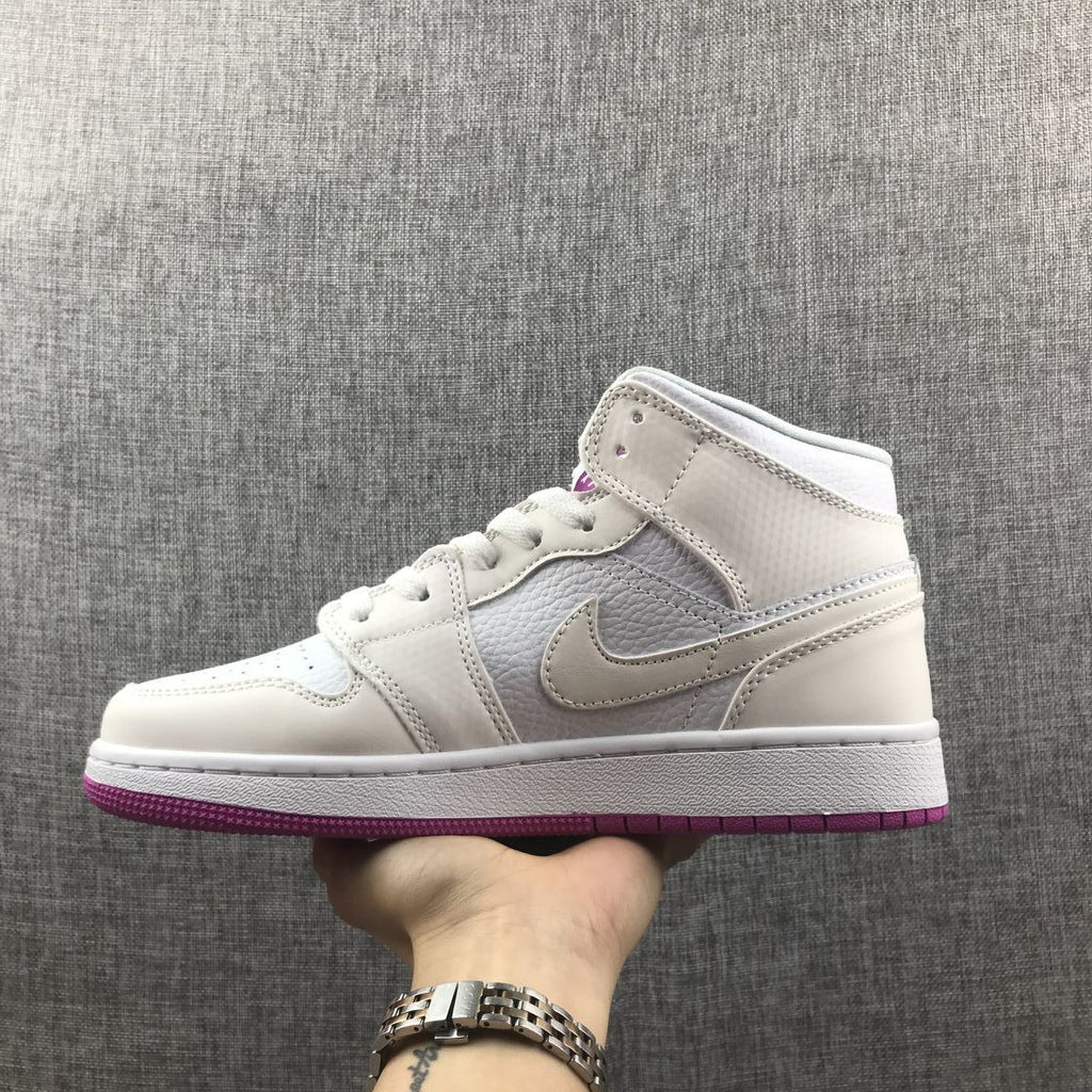 Jordan 1 Mid Grey White Fuchsia High-Cut Sneakers - product image from the listing.
