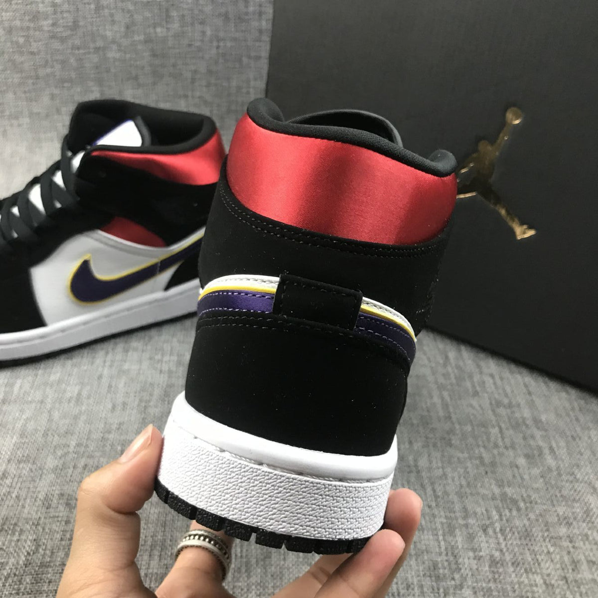 Air Jordan 1 Mid SE Sneakers in Black Purple Yellow 852542-005 - product image from the listing.