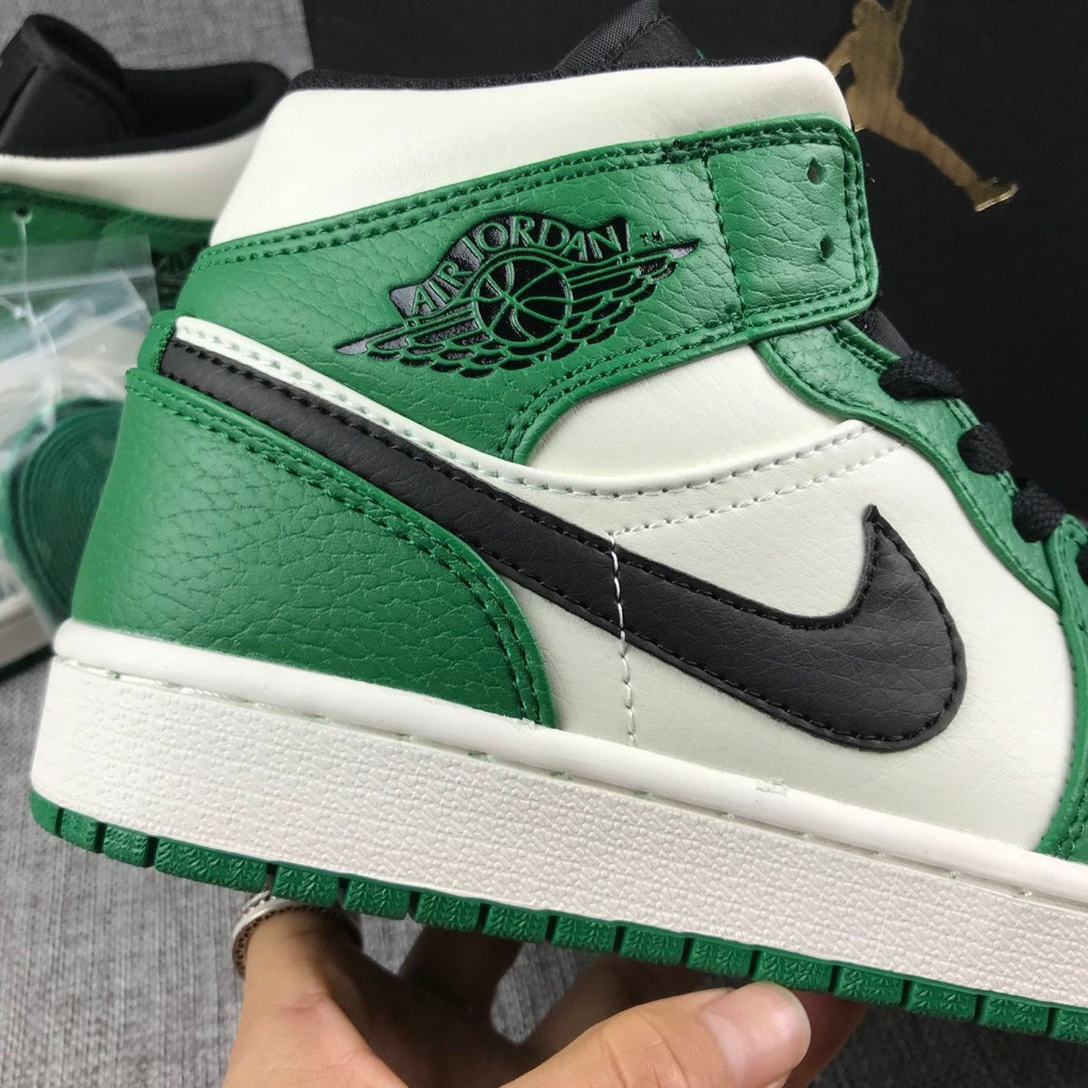 Air Jordan 1 Mid SE Sneakers in White Green Black - product image from the listing.