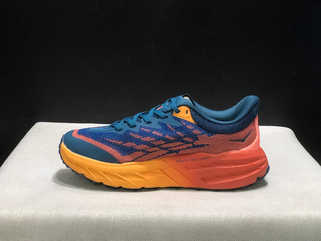 HOKA Speedgoat 5 Trail Running Shoes, in Blue and Orange - product image from the listing.