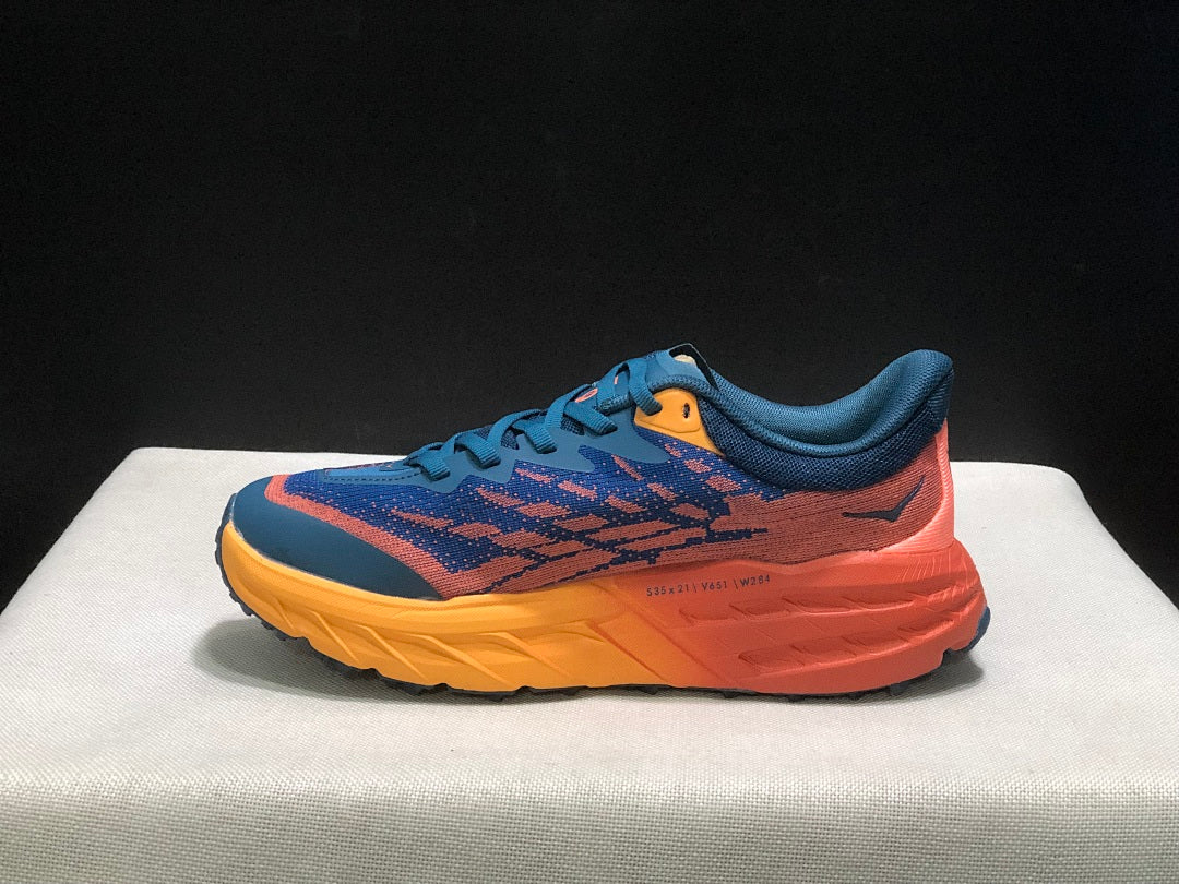 HOKA Speedgoat 5 Trail Running Shoes, in Blue and Orange - product image from the listing.