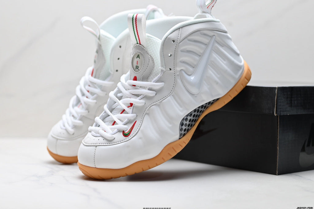Nike Air Penny Foamposite Sneakers in White and Gum - product image from the listing.