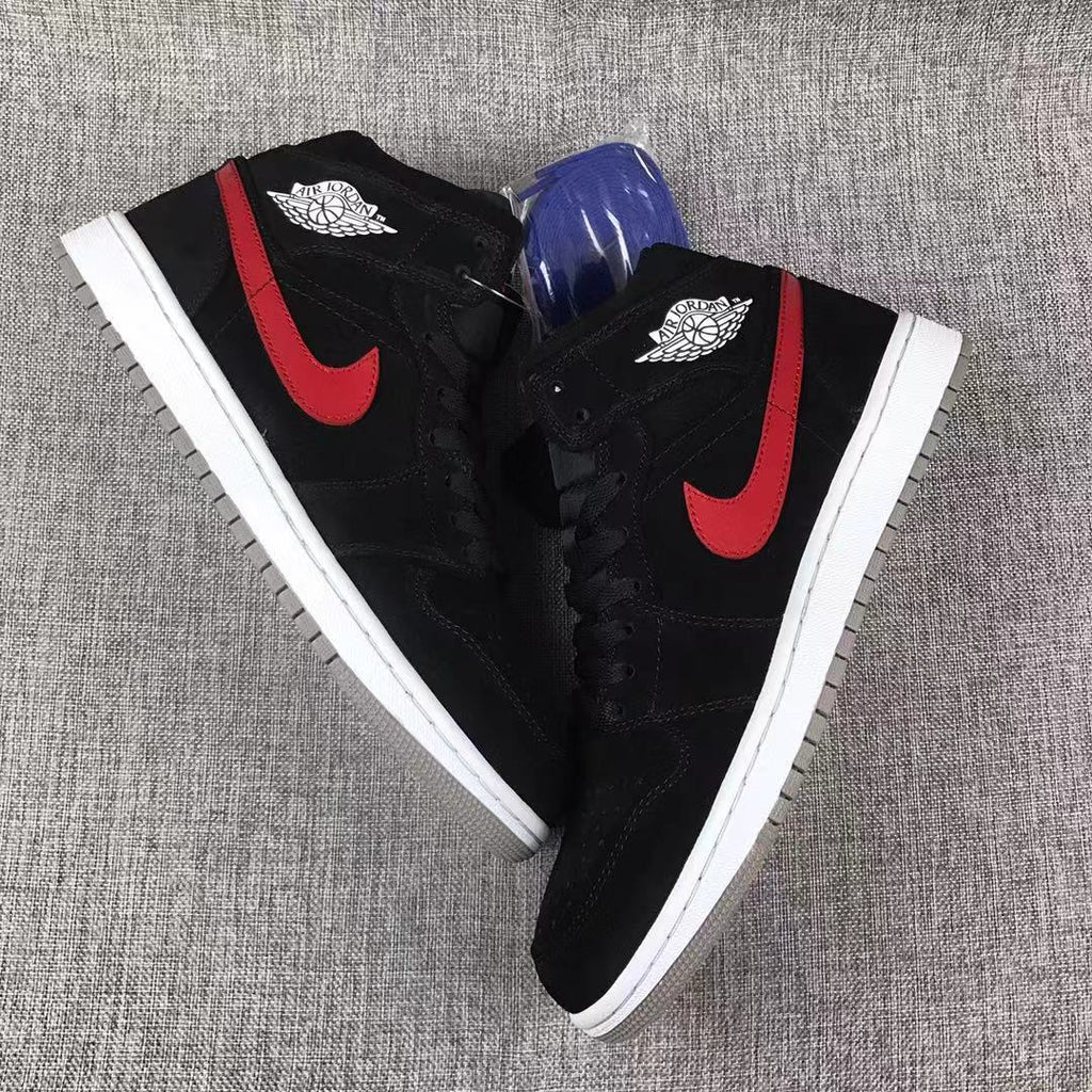 Jordan 1 Mid Sneakers in Black Red Blue 554724-065 - product image from the listing.