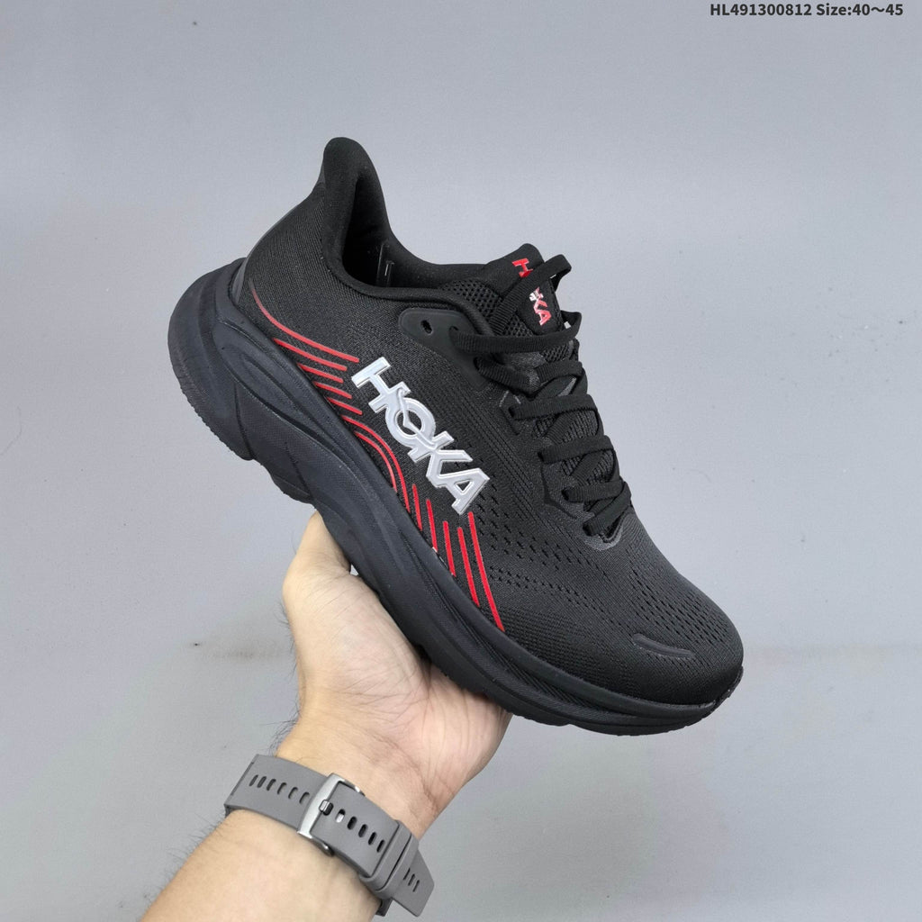 HOKA Clifton 11 Black Shoes for Running with Red Accents - product image from the listing.
