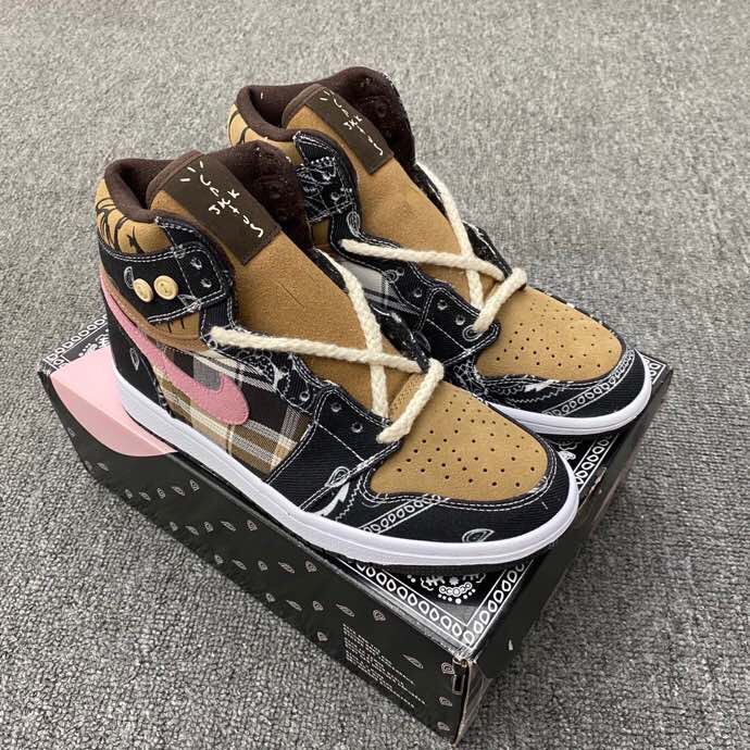 Jordan 1 Mid Paisley Sneakers in Black Tan Pink White - product image from the listing.