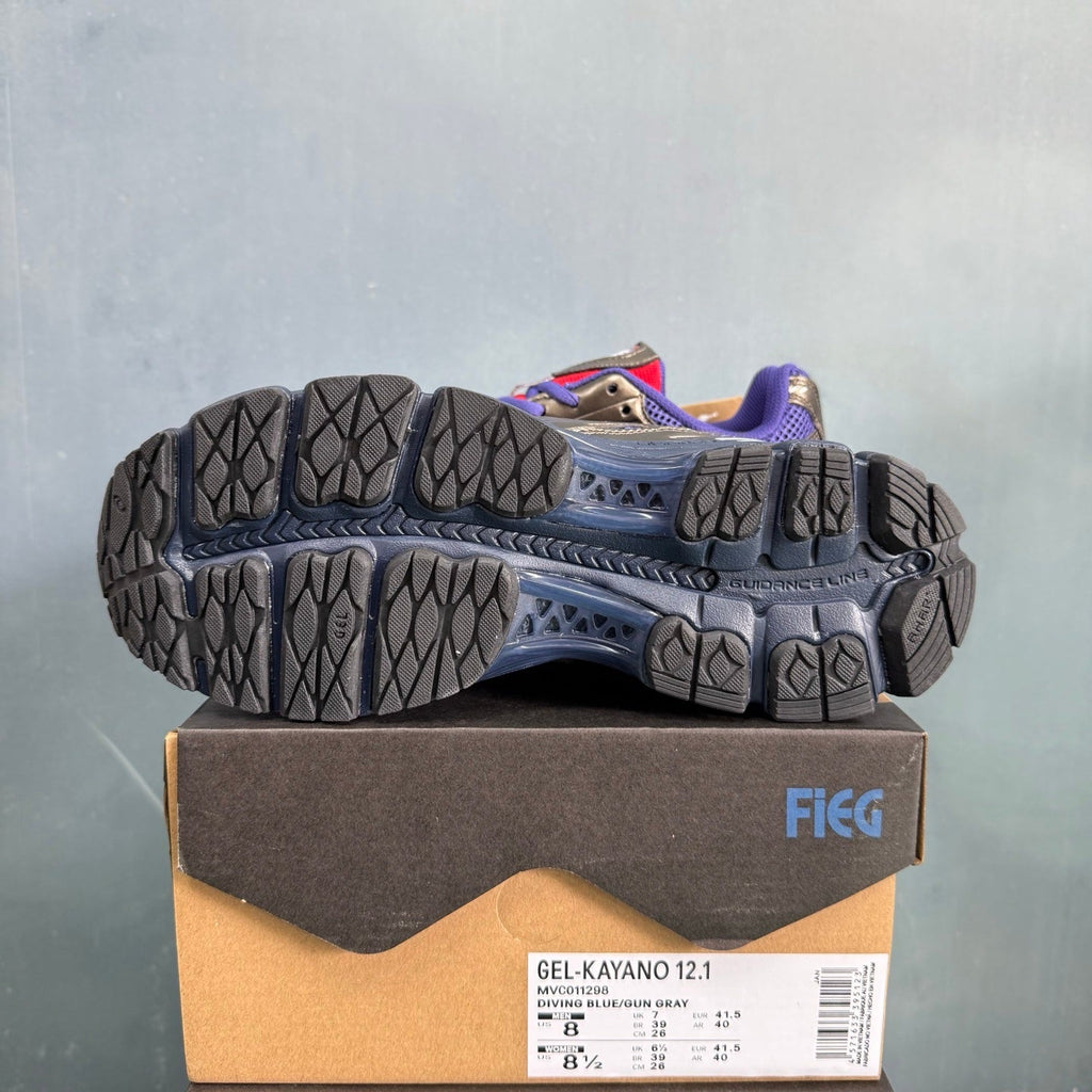 ASICS GEL-KAYANO 12.1 Blue and Gunmetal Trainers - product image from the listing.