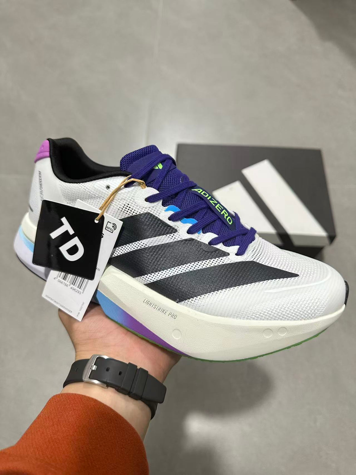 Adidas Adizero Lightstrike Pro Running Shoes in White Purple - product image from the listing.
