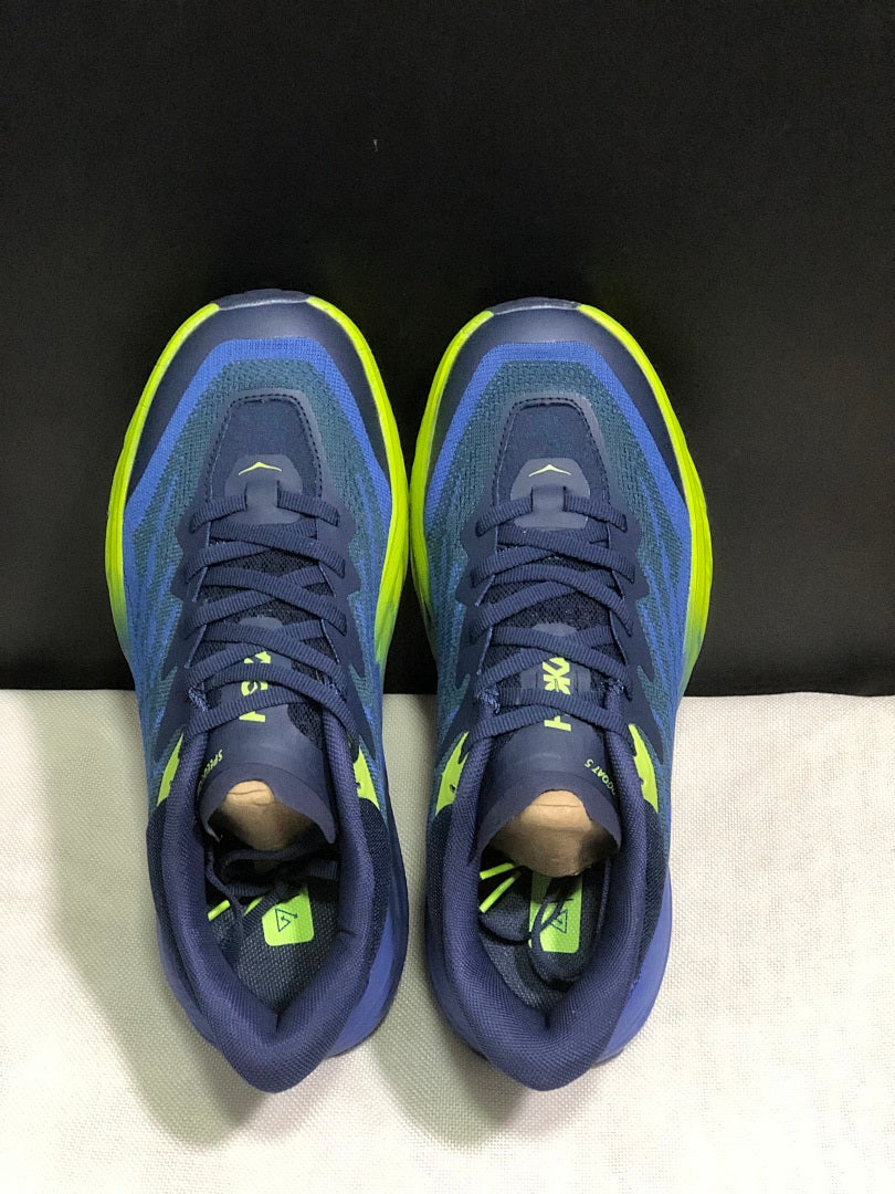 HOKA Speedgoat 5 Trail Running Shoes, in Navy and Lime - product image from the listing.