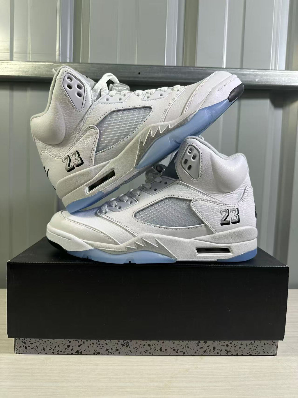 Air Jordan 5 Sneakers in White Silver HQ7978-103 - product image from the listing.