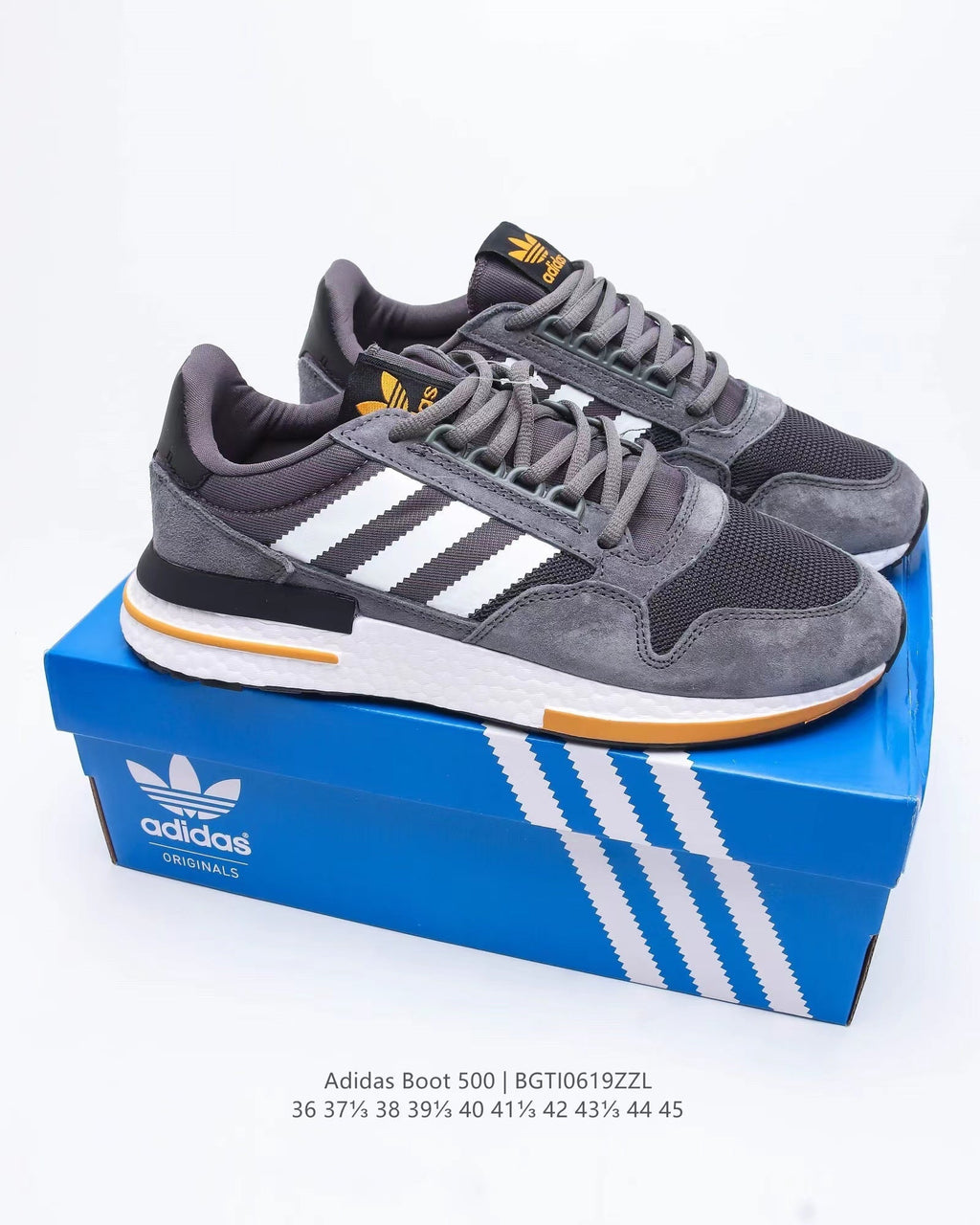 adidas Boot 500 Running Sneakers in Grey Black Orange - product image from the listing.