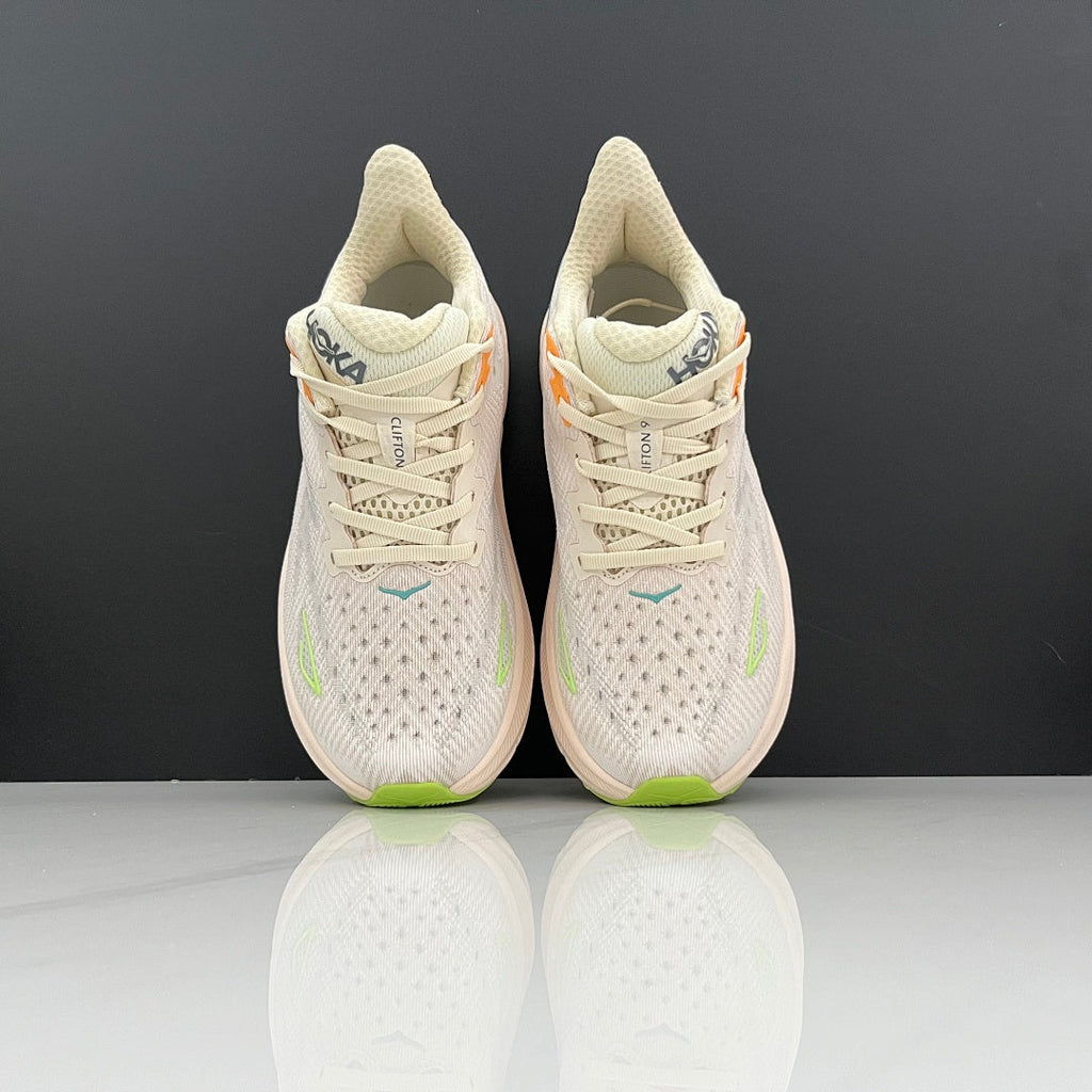 Cream and Green HOKA Clifton 9 Running Shoes - product image from the listing.