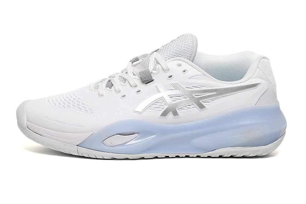ASICS White and Silver Court Trainers with Pale Blue Midsole - product image from the listing.