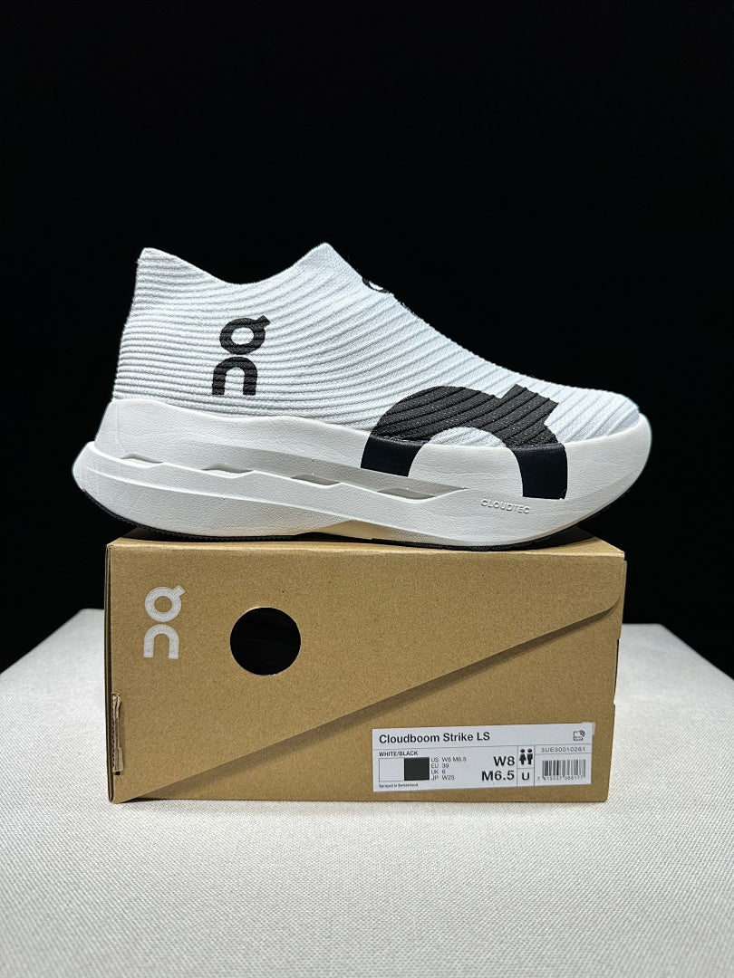 On Cloudboom Strike LS Running Shoes in White Black - product image from the listing.