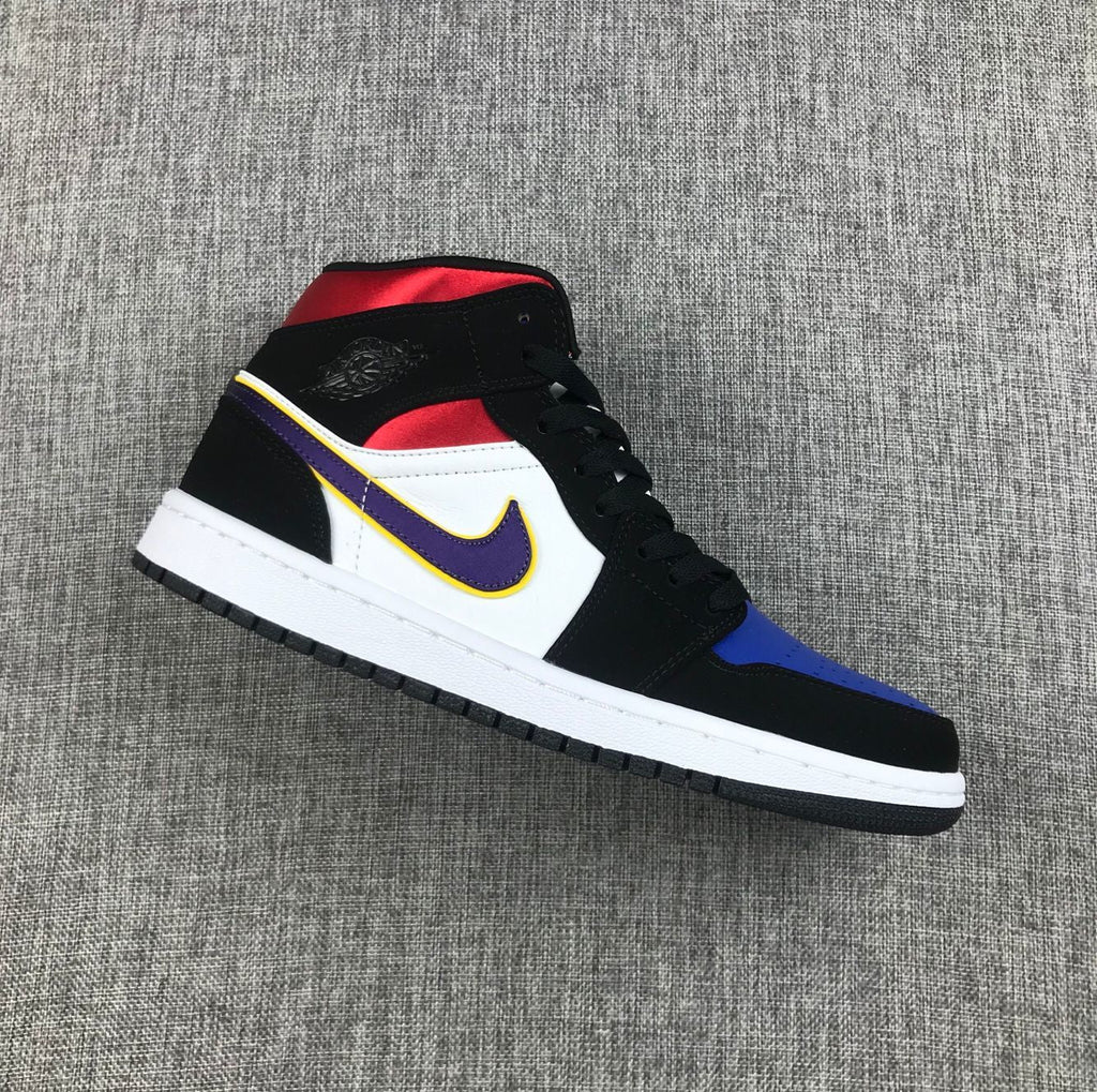 Air Jordan 1 Mid SE Sneakers in Black Purple Yellow 852542-005 - product image from the listing.