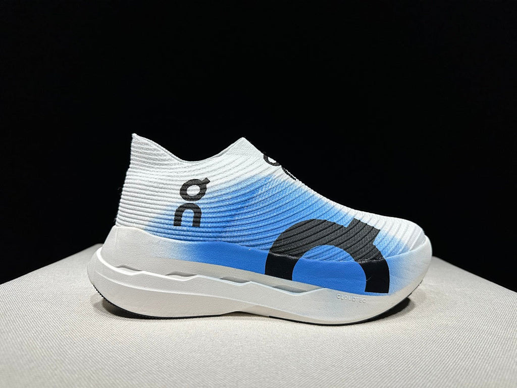 On Cloudboom Strike LS Running Shoes, in White and Blue - product image from the listing.
