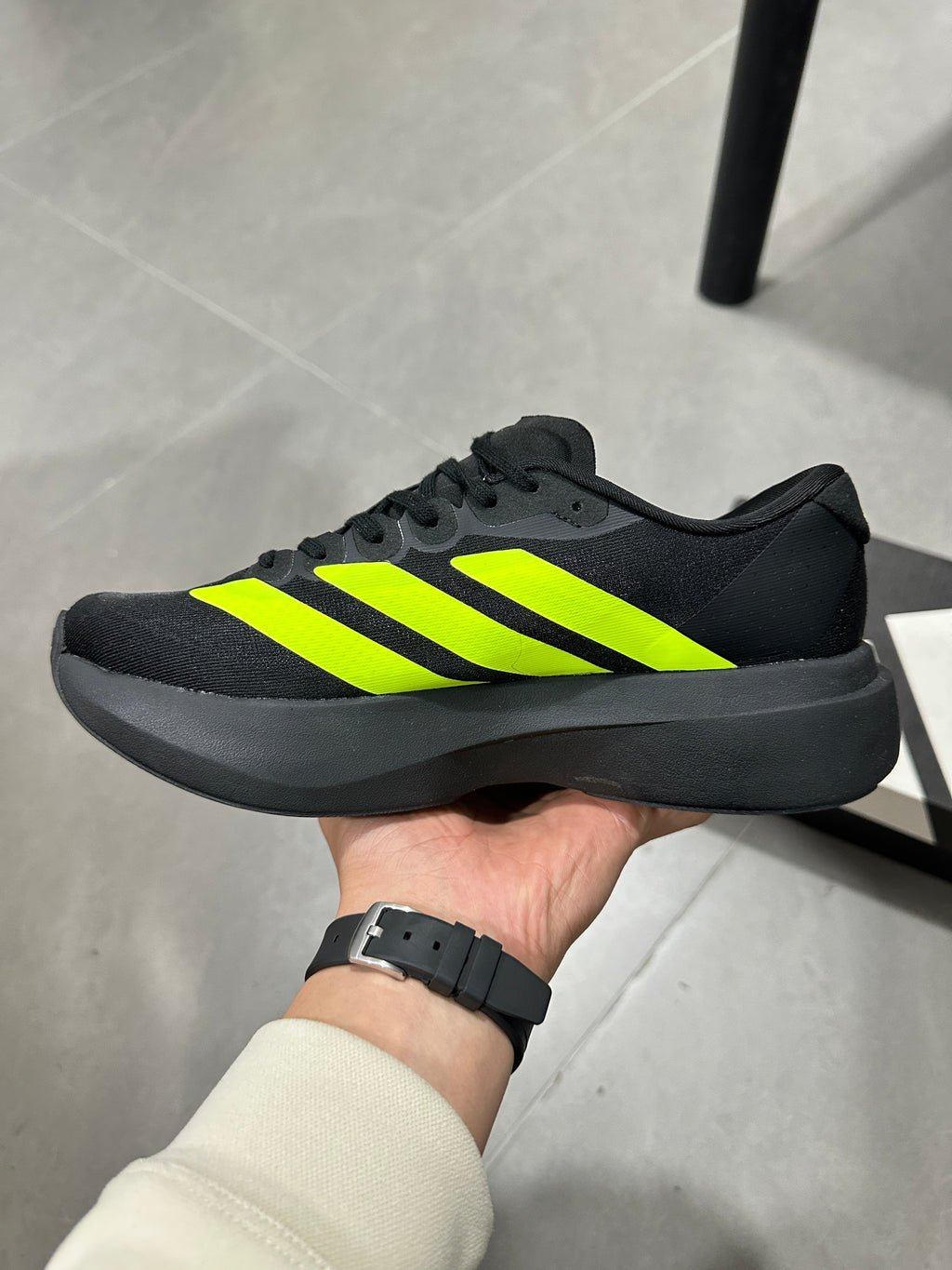 Adidas Adizero Running Shoes in Black and Volt Green JS3420 - product image from the listing.