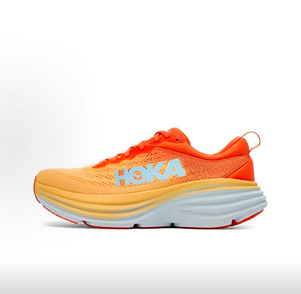 Orange and Yellow HOKA Bondi 8 Running Shoes - product image from the listing.