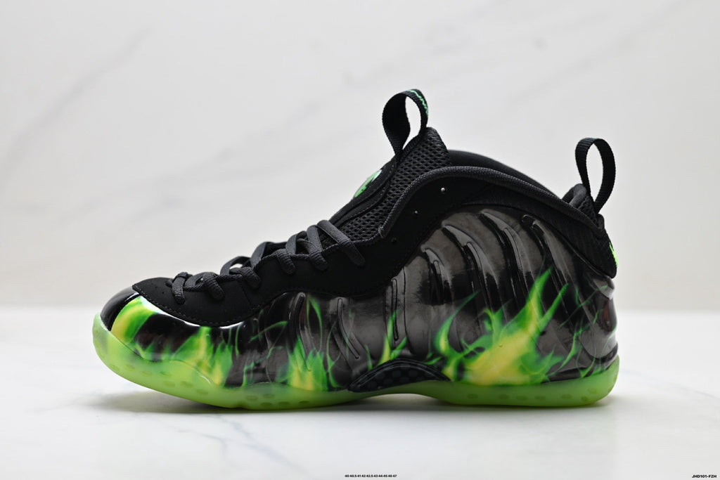 Nike Air Foamposite Huarache Basketball Sneakers in Black Green - product image from the listing.