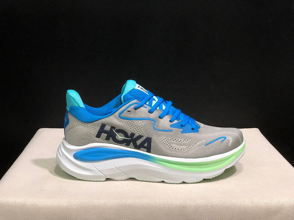 Gray and Blue HOKA Clifton 10 Running Shoes - product image from the listing.