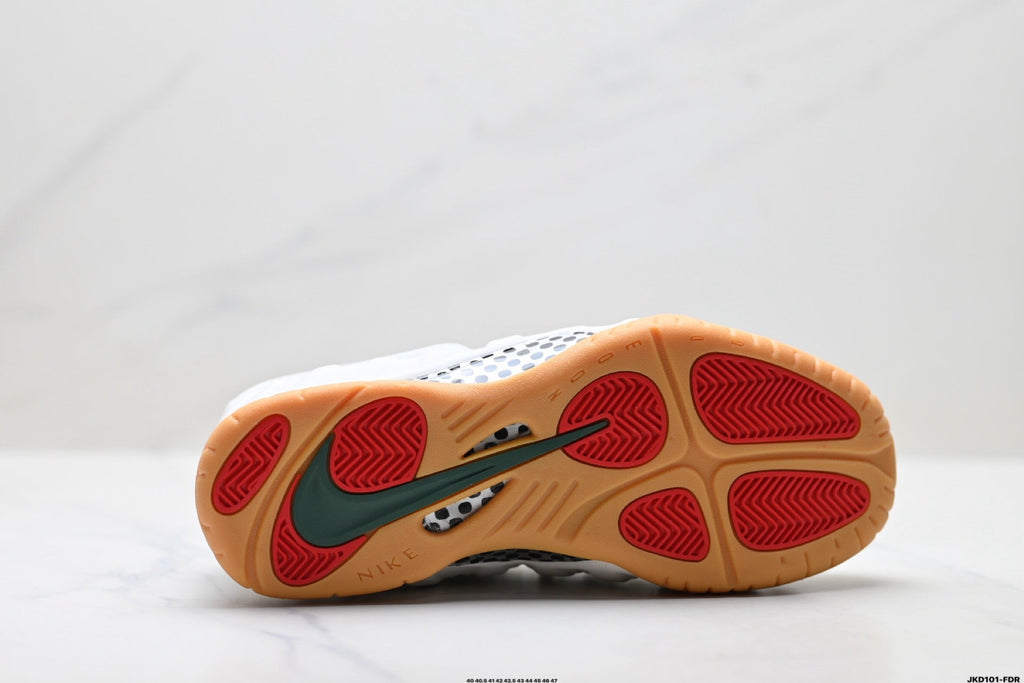 Nike Air Penny Foamposite Sneakers in White and Gum - product image from the listing.