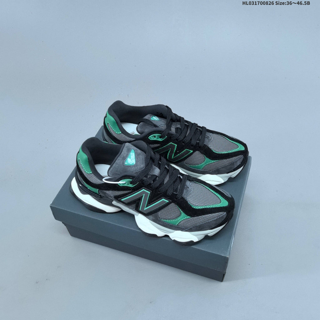 Charcoal and Green New Balance 9060 Sneakers - product image from the listing.