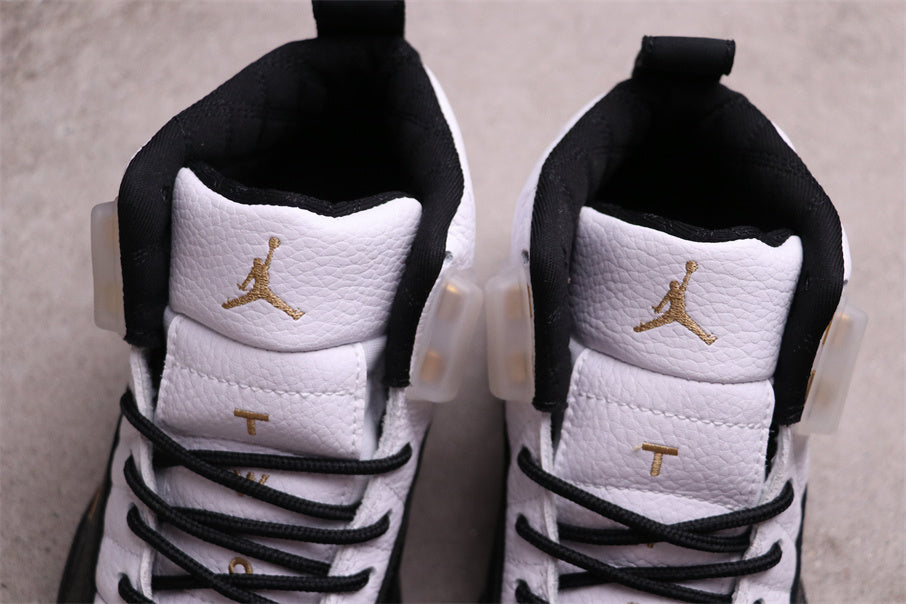 Air Jordan 12 Reverse Flu Game Sneakers White Black Gold - product image from the listing.