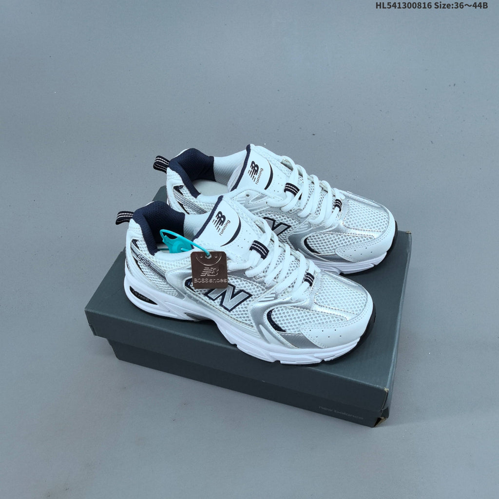 White and Silver New Balance 530-Style Mesh Sneakers - product image from the listing.