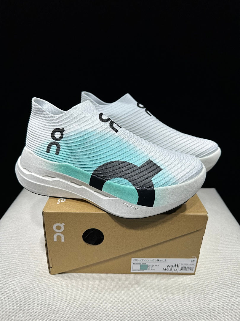 On Cloudboom Strike LS Running Shoes in White Light Green - product image from the listing.