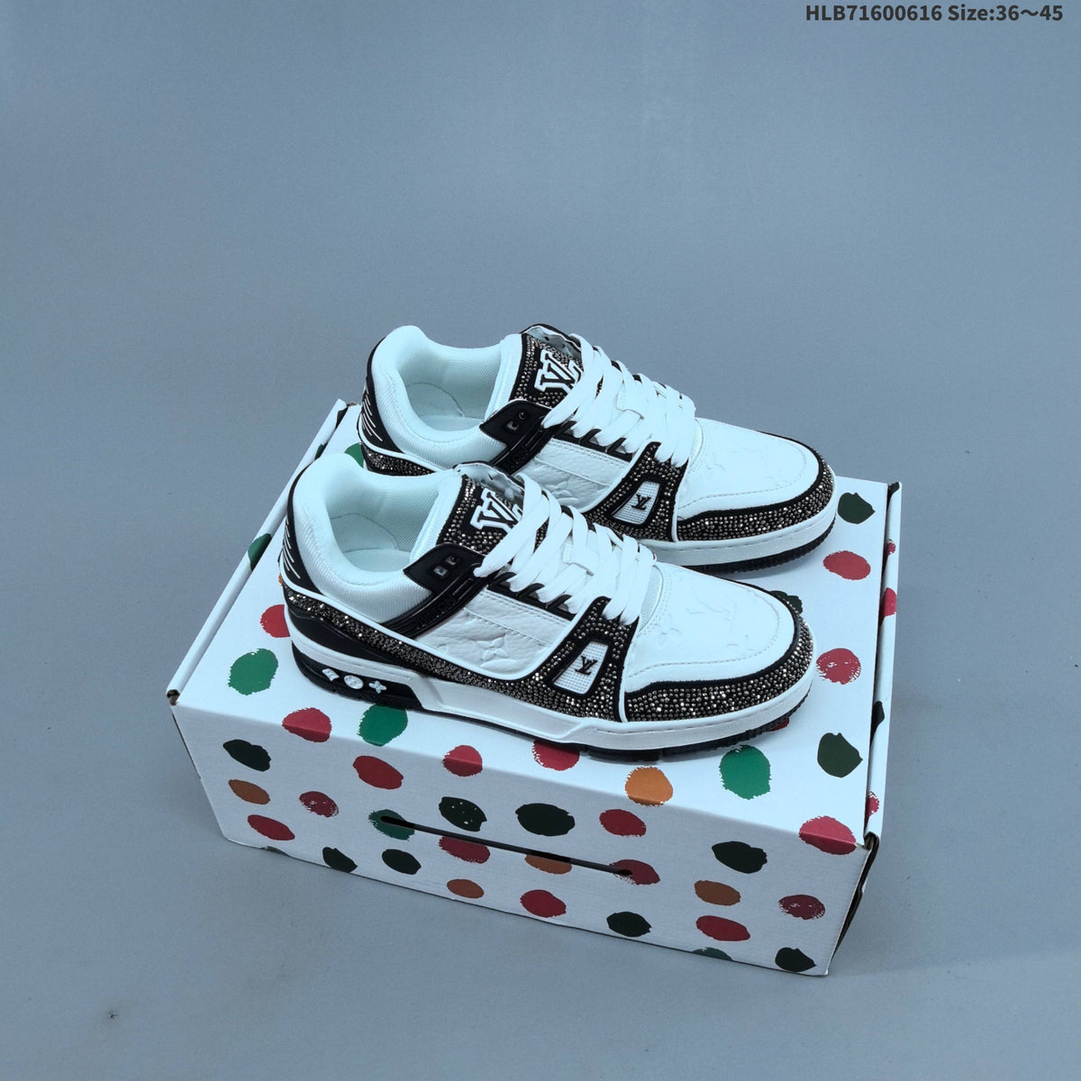 Louis Vuitton Trainer Trainers in White and Black with Embellished Trim - product image from the listing.
