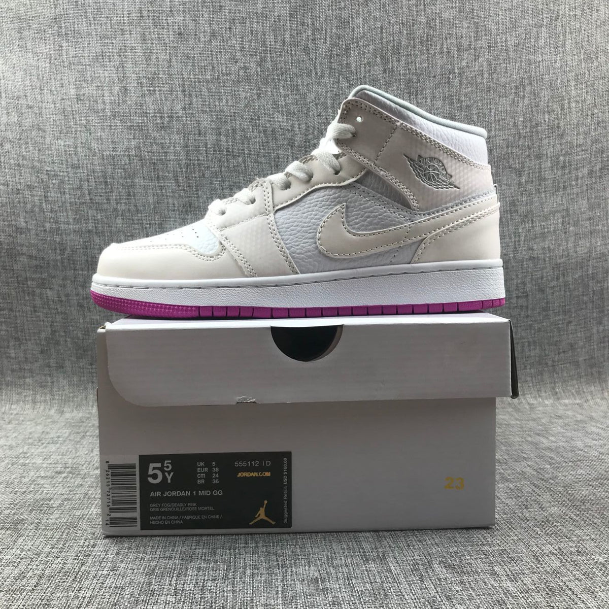 Jordan 1 Mid Grey White Fuchsia High-Cut Sneakers - product image from the listing.