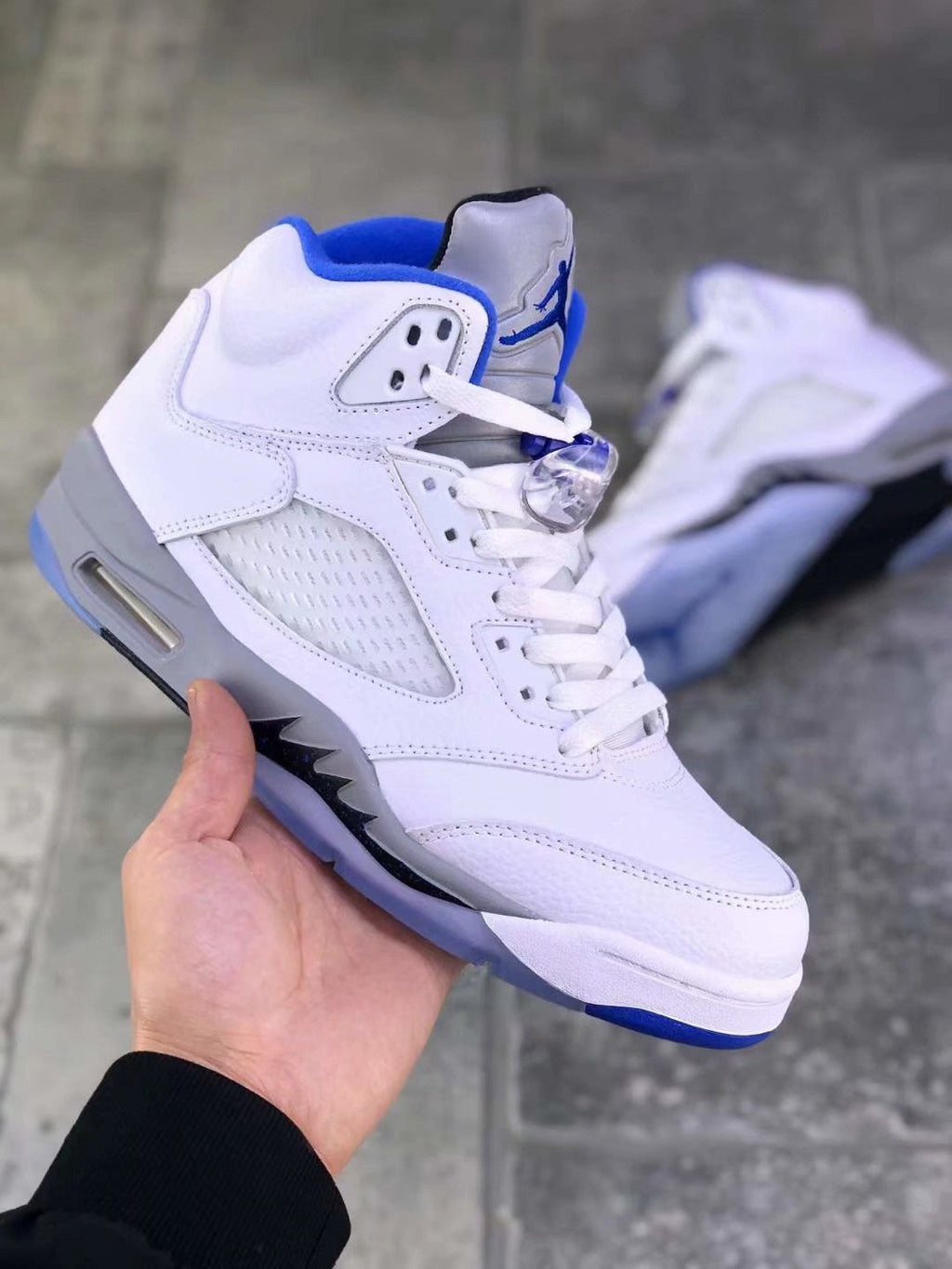 Air Jordan 5 Stealth 2.0 Sneakers in White Blue 440888-140 - product image from the listing.