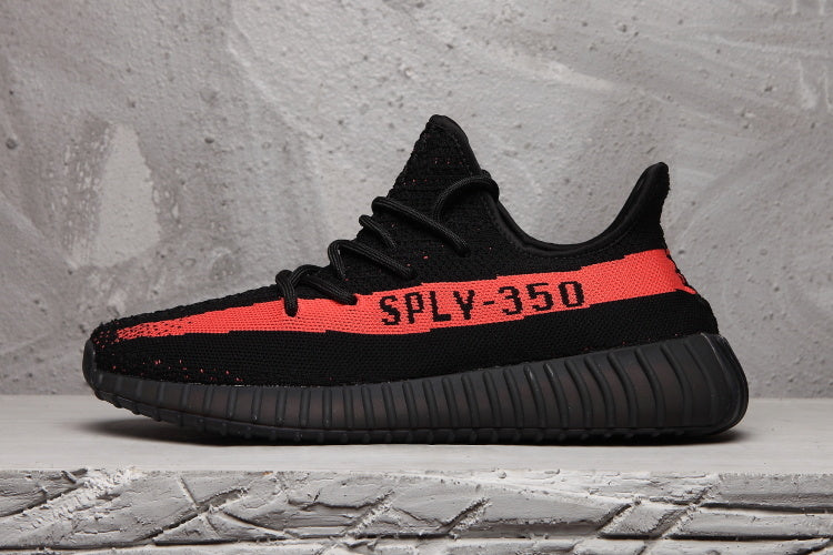 Yeezy 350 V2 Sneakers in Black and Red Knit - product image from the listing.