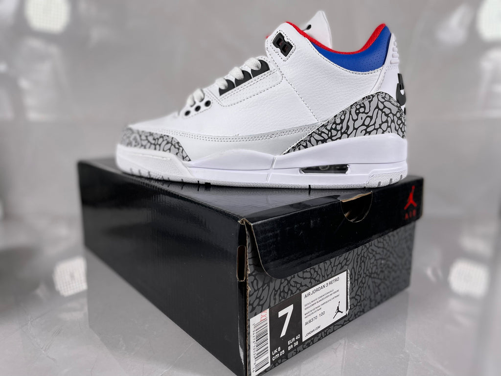 Jordan 3 Retro White Cement Sneakers in White Grey Red Blue - product image from the listing.