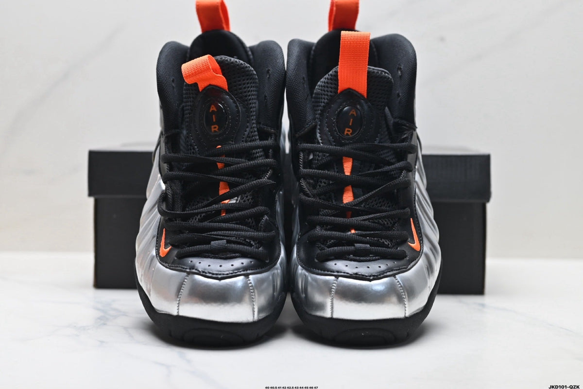 Nike Air Foamposite Max Sneakers in Black Silver Orange - product image from the listing.