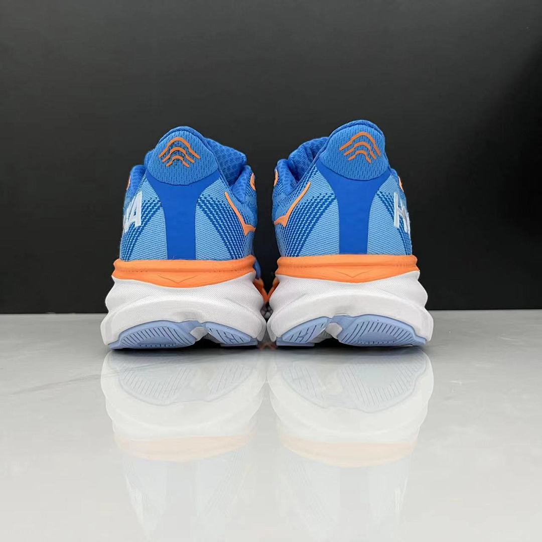 Blue and Orange HOKA Clifton 9 Running Shoes - product image from the listing.