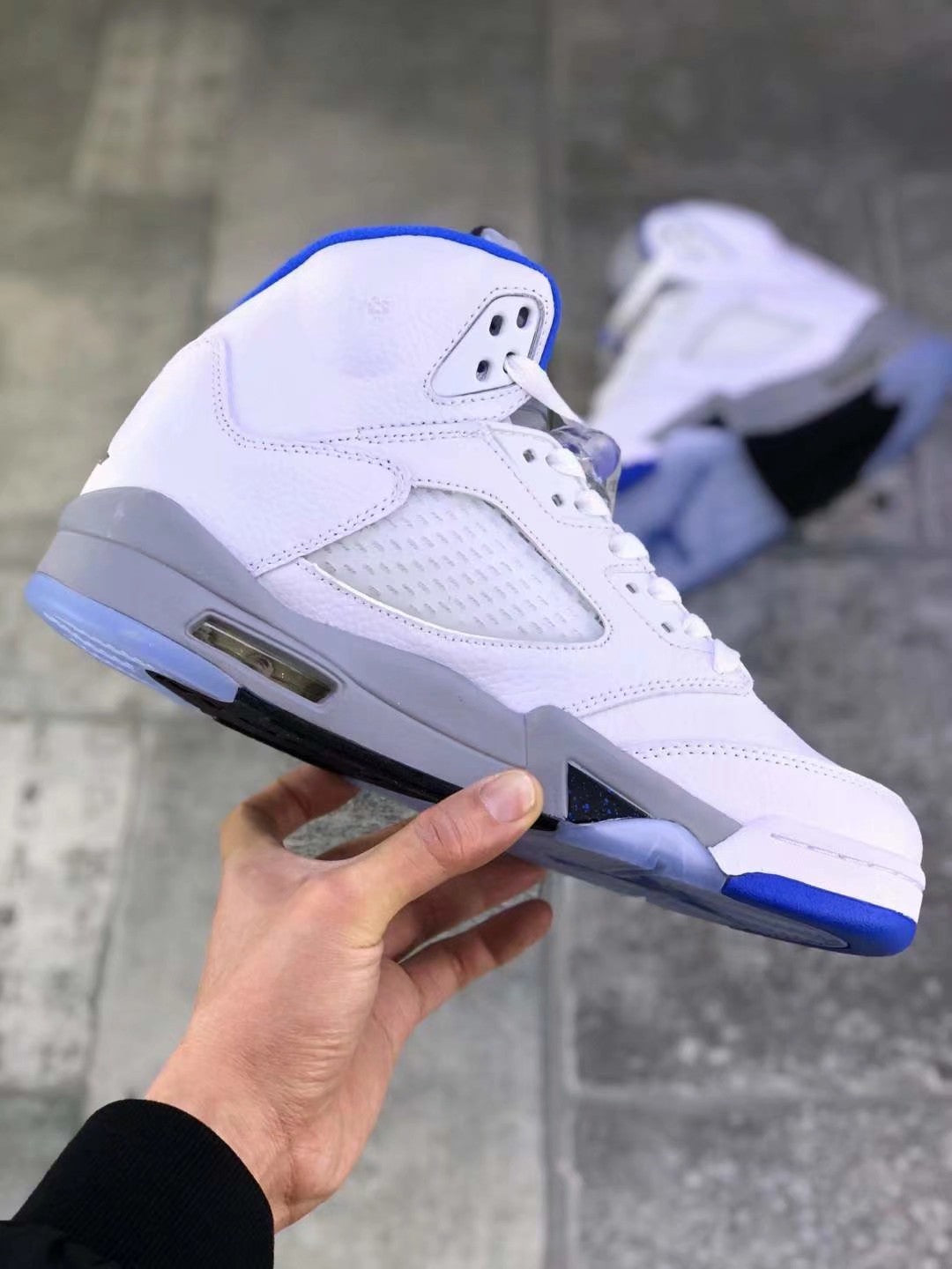 Air Jordan 5 Stealth 2.0 Sneakers in White Blue 440888-140 - product image from the listing.