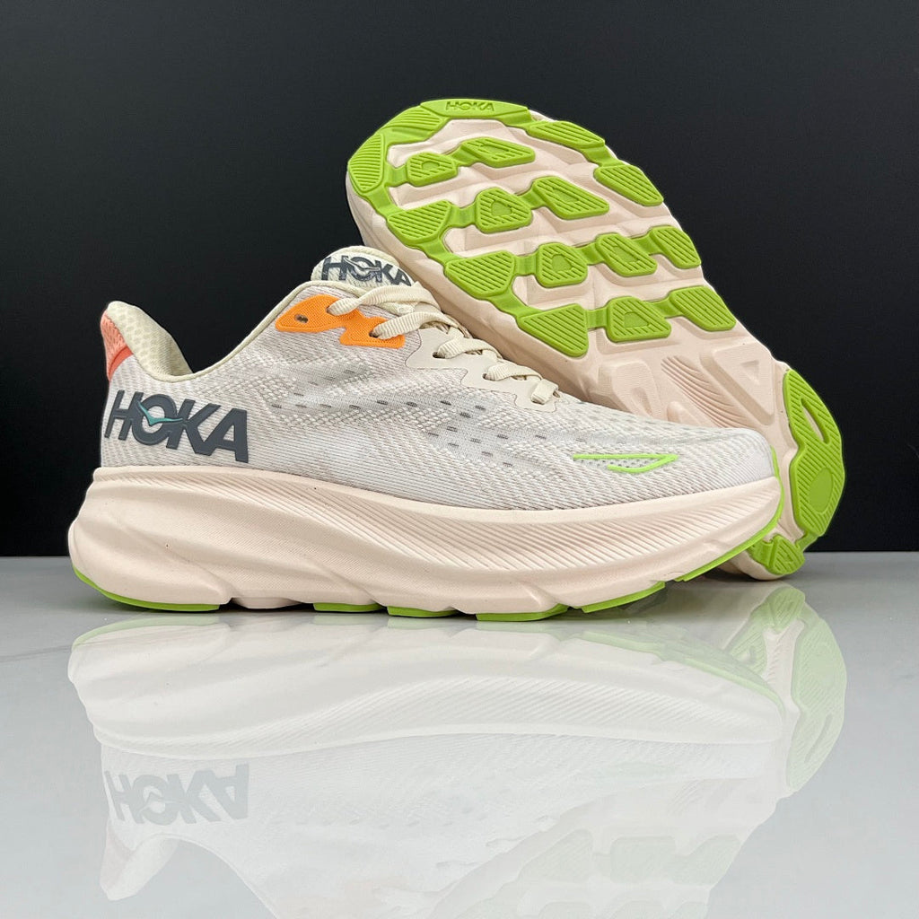 Cream and Green HOKA Clifton 9 Running Shoes - product image from the listing.