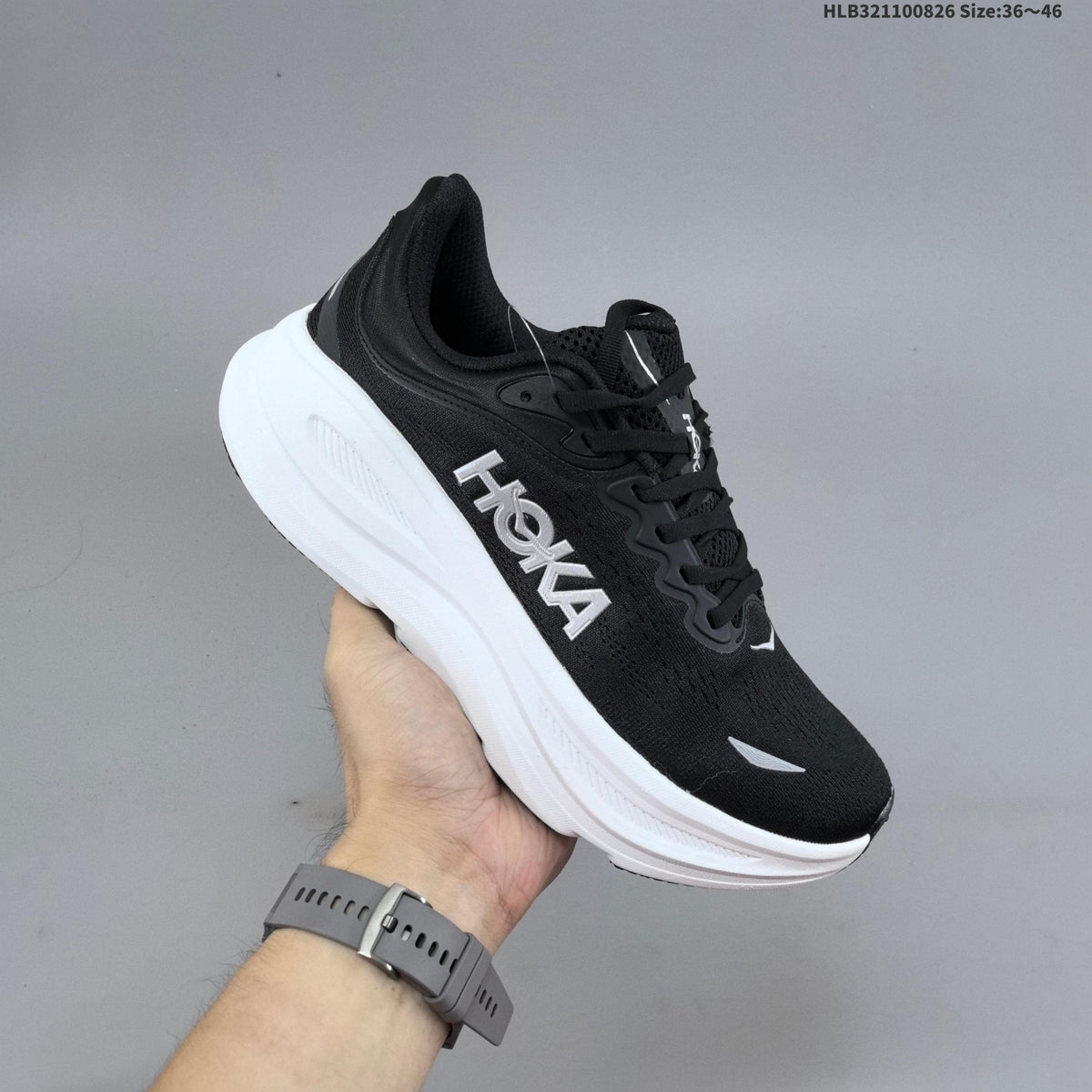 HOKA Bondi 9 Running Shoes in Black and White - product image from the listing.