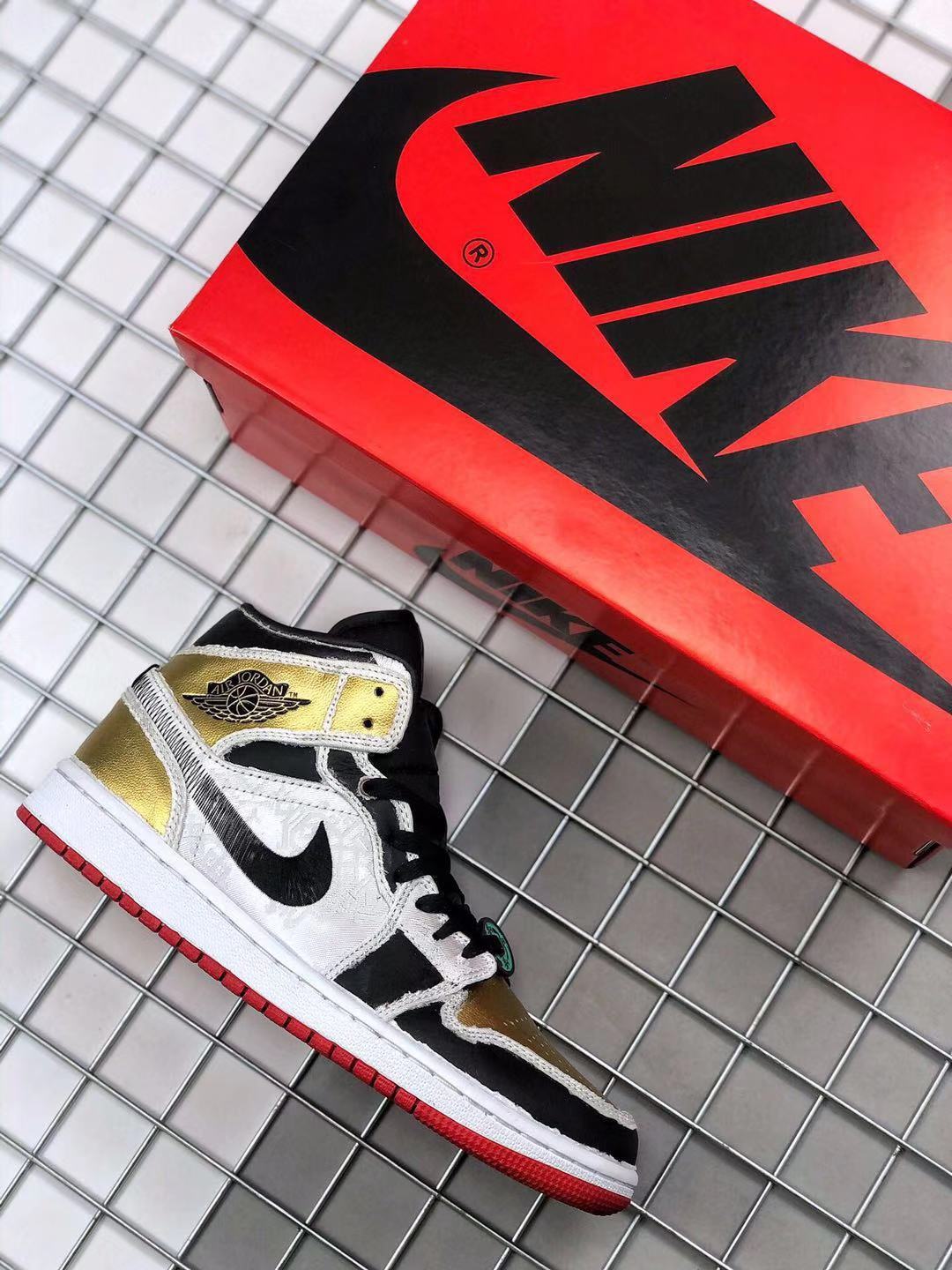 Air Jordan 1 Mid Edison Chen White Black Gold Sneakers - product image from the listing.