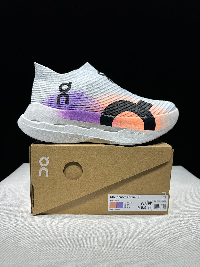 On Cloudboom Strike LS Running Shoes in White Purple - product image from the listing.