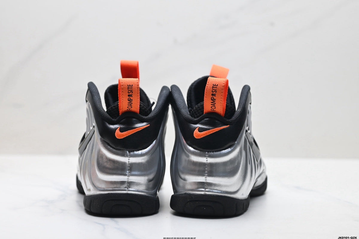 Nike Air Foamposite Max Sneakers in Black Silver Orange - product image from the listing.