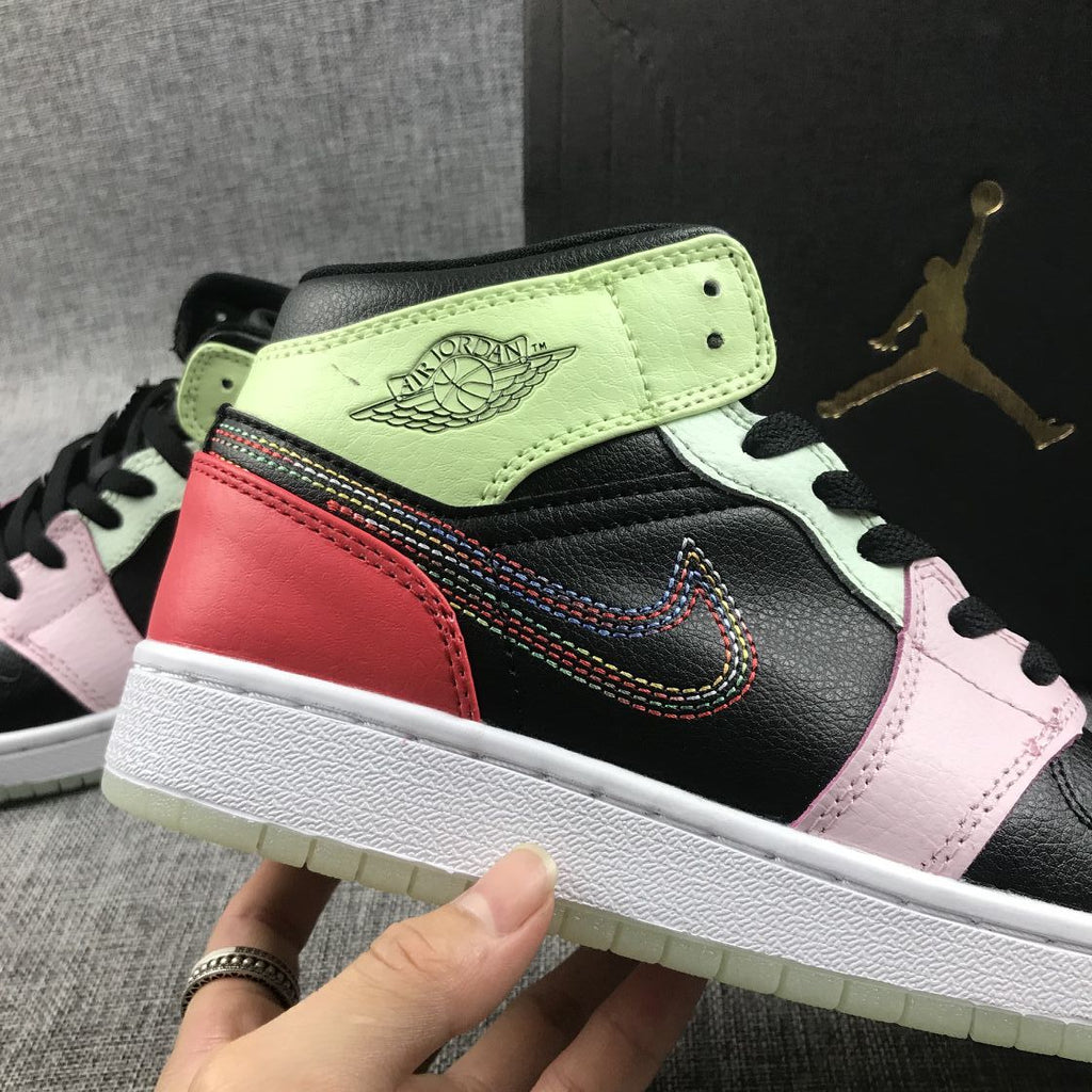 Air Jordan 1 Mid Sneakers Black Red Green Pink AV5174-076 - product image from the listing.