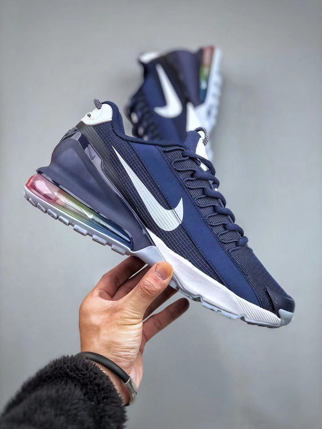 Navy and White Nike Air Max 270 React Sneakers - product image from the listing.